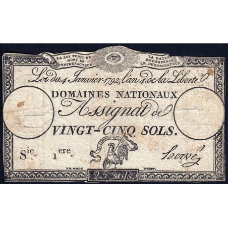 Assignat 25a - 25 sols - 4 janvier 1792 - Série 1 - Etat : TB-