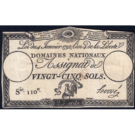 Assignat 25a - 25 sols - 4 janvier 1792 - Série 110 - Etat : TB