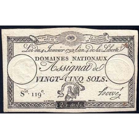 Assignat 25a - 25 sols - 4 janvier 1792 - Série 119 - Etat : TTB+