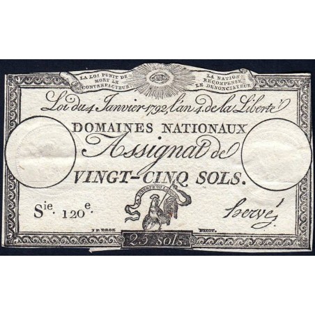 Assignat 25a - 25 sols - 4 janvier 1792 - Série 120 - Etat : TTB