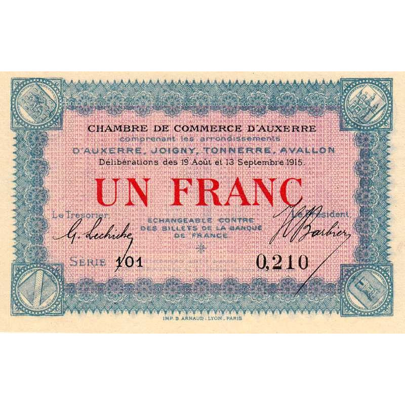 Auxerre - Pirot 17-1 - 1 franc - Série 149 - 19/12/1915 - Etat : TTB