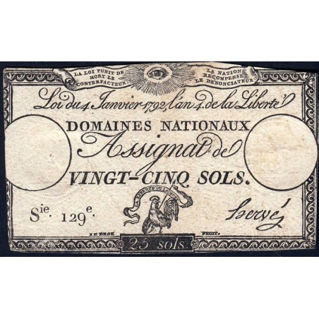 Assignat 25a - 25 sols - 4 janvier 1792 - Série 129 - Etat : TB-