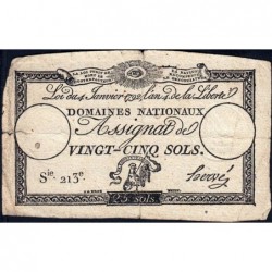 Assignat 25a - 25 sols - 4 janvier 1792 - Série 213 - Etat : TB