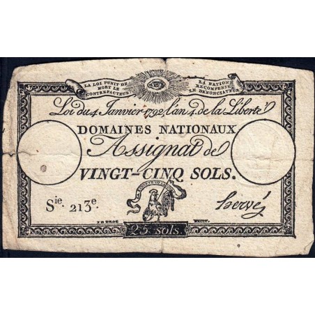 Assignat 25a - 25 sols - 4 janvier 1792 - Série 213 - Etat : TB