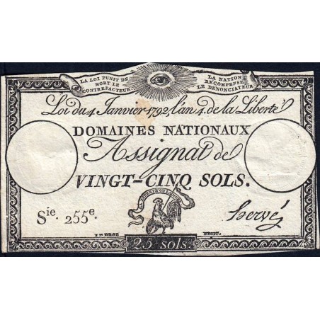 Assignat 25a - 25 sols - 4 janvier 1792 - Série 255 - Etat : TB+