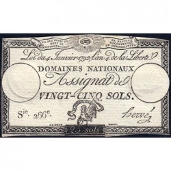 Assignat 25a - 25 sols - 4 janvier 1792 - Série 266 - Etat : TTB