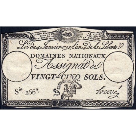 Assignat 25a - 25 sols - 4 janvier 1792 - Série 266 - Etat : TB