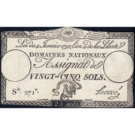 Assignat 25a - 25 sols - 4 janvier 1792 - Série 271 - Etat : TB+