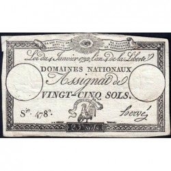 Assignat 25a - 25 sols - 4 janvier 1792 - Série 478 - Etat : TTB