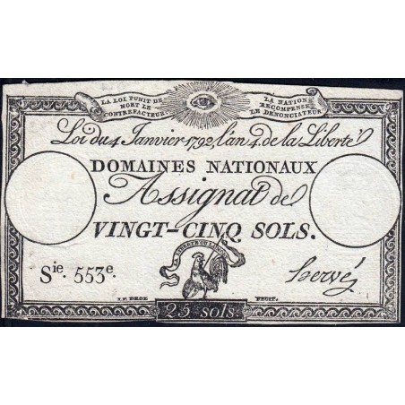 Assignat 25a - 25 sols - 4 janvier 1792 - Série 553 - Etat : TB+