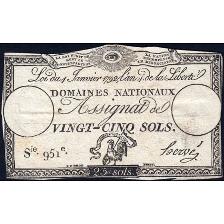 Assignat 25a - 25 sols - 4 janvier 1792 - Série 951 - Etat : TB+