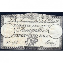 Assignat 25a - 25 sols - 4 janvier 1792 - Série 962 - Etat : TB