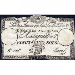 Assignat 25a - 25 sols - 4 janvier 1792 - Série 977 - Etat : TB-