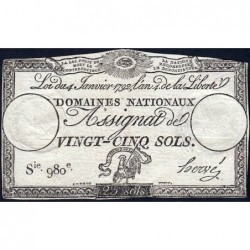 Assignat 25a - 25 sols - 4 janvier 1792 - Série 980 - Etat : TTB