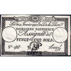 Assignat 25a - 25 sols - 4 janvier 1792 - Série 986 - Etat : SUP