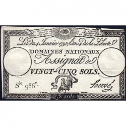 Assignat 25a - 25 sols - 4 janvier 1792 - Série 986 - Etat : TTB