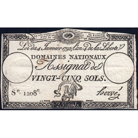 Assignat 25a_v1b - 25 sols - 4 janvier 1792 - Série 1208 - Variété - Etat : TB+