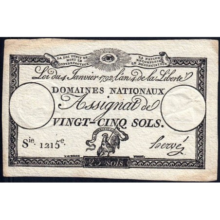 Assignat 25a - 25 sols - 4 janvier 1792 - Série 1215 - Etat : TTB