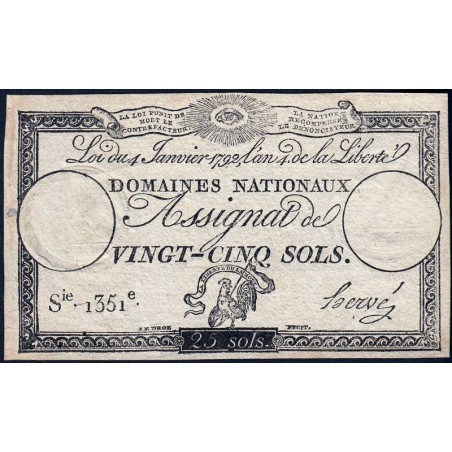 Assignat 25a - 25 sols - 4 janvier 1792 - Série 1351 - Etat : TTB