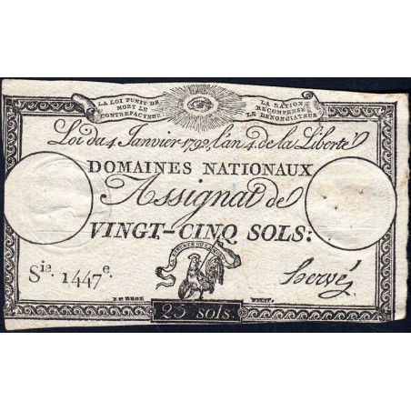 Assignat 25a - 25 sols - 4 janvier 1792 - Série 1447 - Etat : TB-