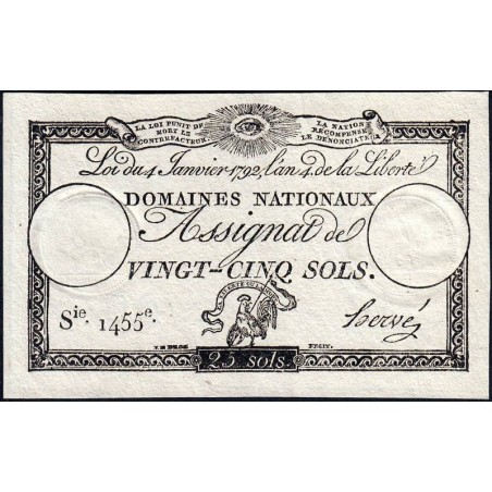 Assignat 25a - 25 sols - 4 janvier 1792 - Série 1455 - Etat : SPL