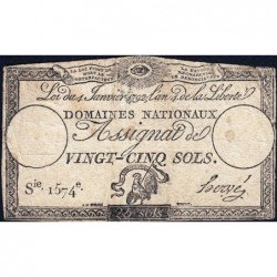 Assignat 25a - 25 sols - 4 janvier 1792 - Série 1574 - Etat : TB-