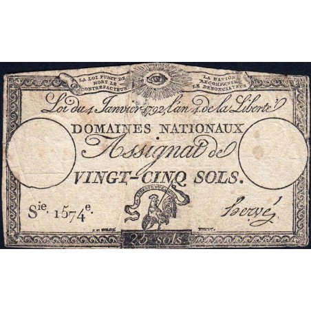 Assignat 25a - 25 sols - 4 janvier 1792 - Série 1574 - Etat : TB-