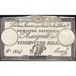 Assignat 25a - 25 sols - 4 janvier 1792 - Série 1859 - Etat : TTB+