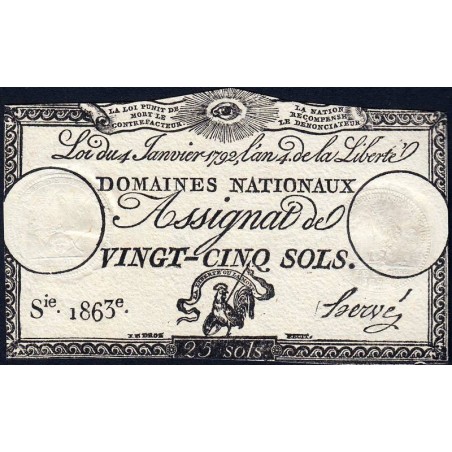 Assignat 25a - 25 sols - 4 janvier 1792 - Série 1863 - Etat : TTB