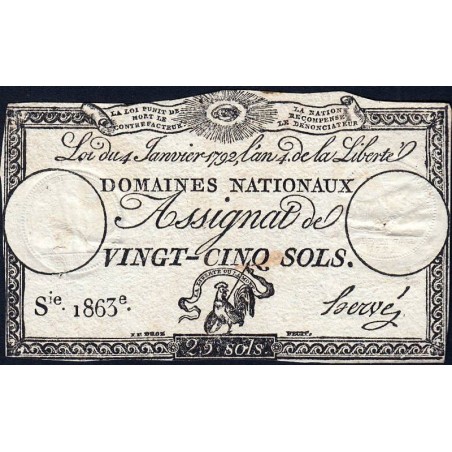 Assignat 25a - 25 sols - 4 janvier 1792 - Série 1863 - Etat : TB+