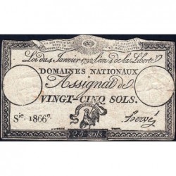 Assignat 25a - 25 sols - 4 janvier 1792 - Série 1866 - Etat : TB