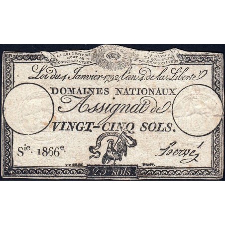 Assignat 25a - 25 sols - 4 janvier 1792 - Série 1866 - Etat : TB