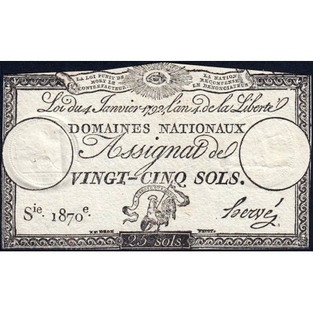 Assignat 25a - 25 sols - 4 janvier 1792 - Série 1870 - Etat : TTB+