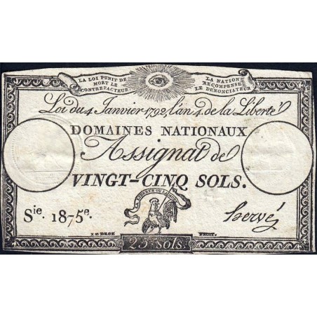 Assignat 25a - 25 sols - 4 janvier 1792 - Série 1875 - Etat : TTB