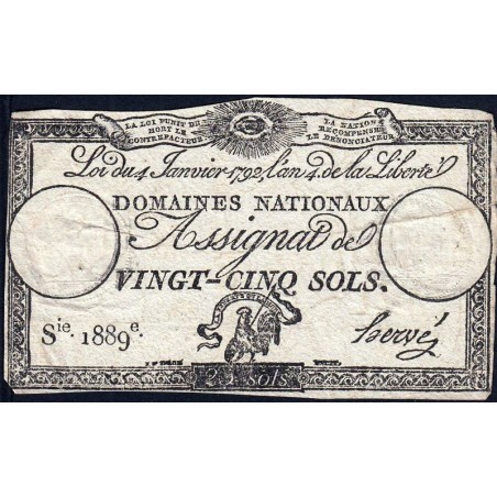 Assignat 25a - 25 sols - 4 janvier 1792 - Série 1889 - Etat : TB