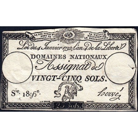 Assignat 25a - 25 sols - 4 janvier 1792 - Série 1896 - Etat : TB