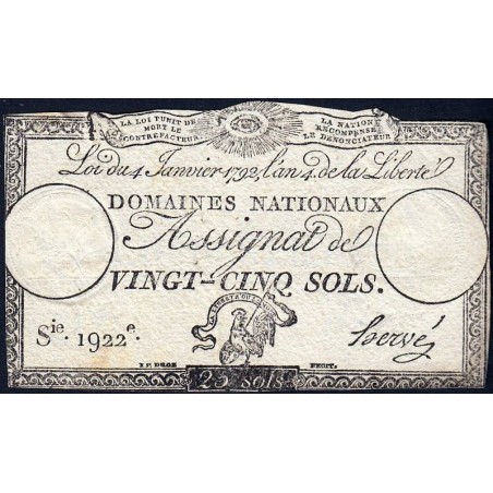 Assignat 25a - 25 sols - 4 janvier 1792 - Série 1922 - Etat : TB+