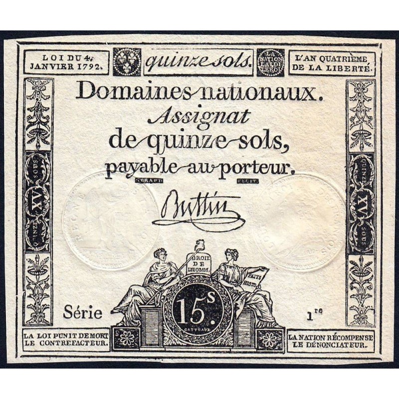 Assignat 24a - 15 sols - 4 janvier 1792 - Série 1 - Etat : NEUF