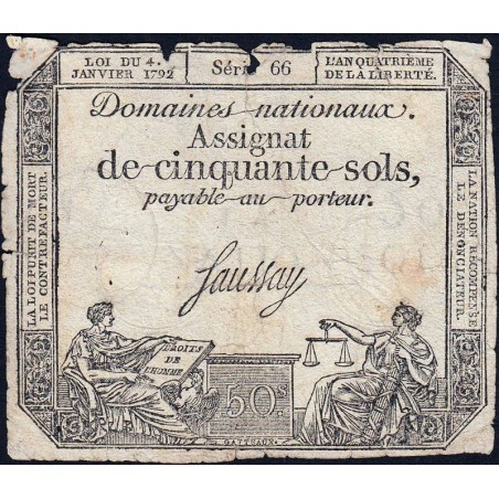 Assignat 26a - 50 sols - 4 janvier 1792 - Série 66 - Etat : B