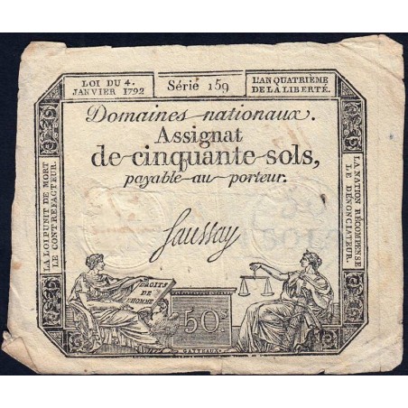 Assignat 26a - 50 sols - 4 janvier 1792 - Série 159 - Etat : TB+