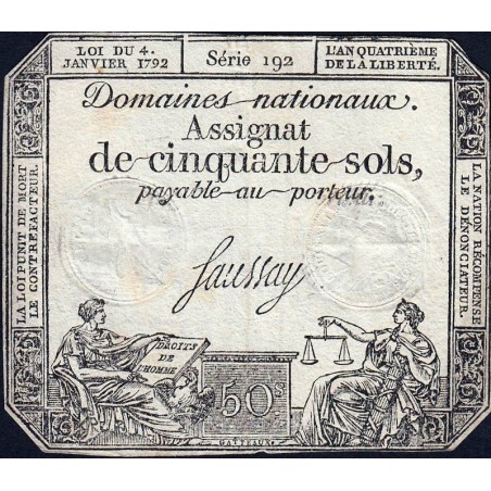 Assignat 26a - 50 sols - 4 janvier 1792 - Série 192 - Etat : TB+