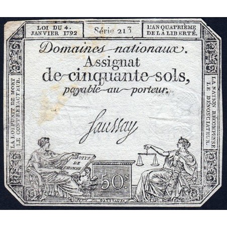 Assignat 26a - 50 sols - 4 janvier 1792 - Série 213 - Etat : TB