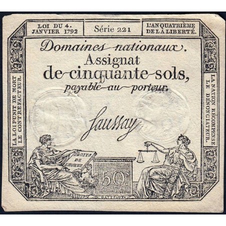 Assignat 26a - 50 sols - 4 janvier 1792 - Série 221 - Etat : TTB+