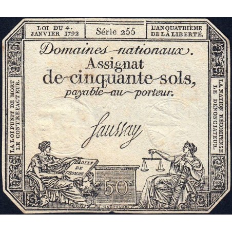 Assignat 26a - 50 sols - 4 janvier 1792 - Série 255 - Etat : TB+