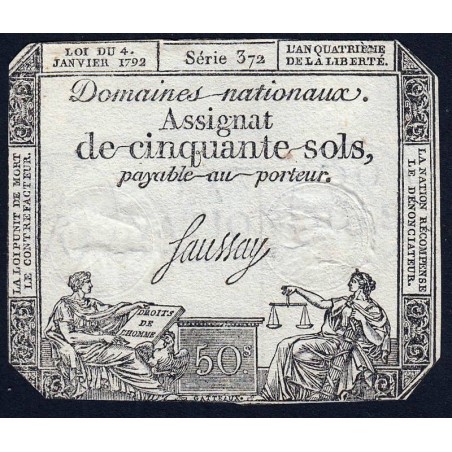 Assignat 26a - 50 sols - 4 janvier 1792 - Série 372 - Etat : TB