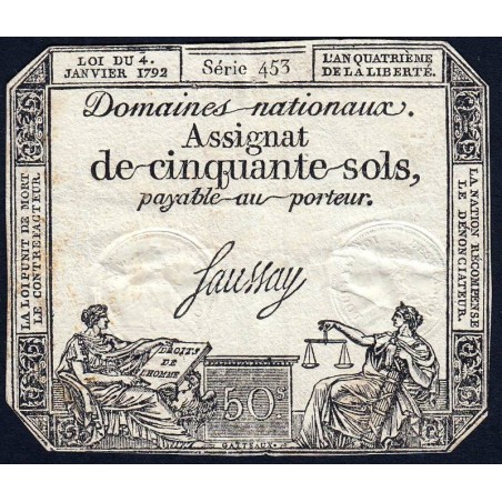 Assignat 26a - 50 sols - 4 janvier 1792 - Série 453 - Etat : TB+