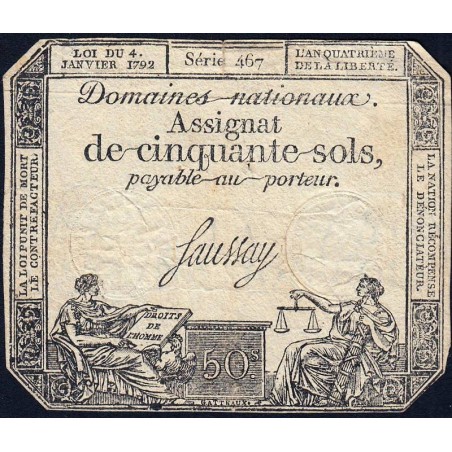 Assignat 26a - 50 sols - 4 janvier 1792 - Série 467 - Etat : TB