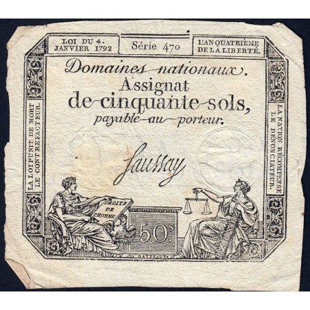 Assignat 26a - 50 sols - 4 janvier 1792 - Série 470 - Etat : TB