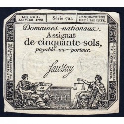 Assignat 26a - 50 sols - 4 janvier 1792 - Série 724 - Etat : TTB+