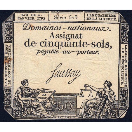 Assignat 26a - 50 sols - 4 janvier 1792 - Série 573 - Etat : TB